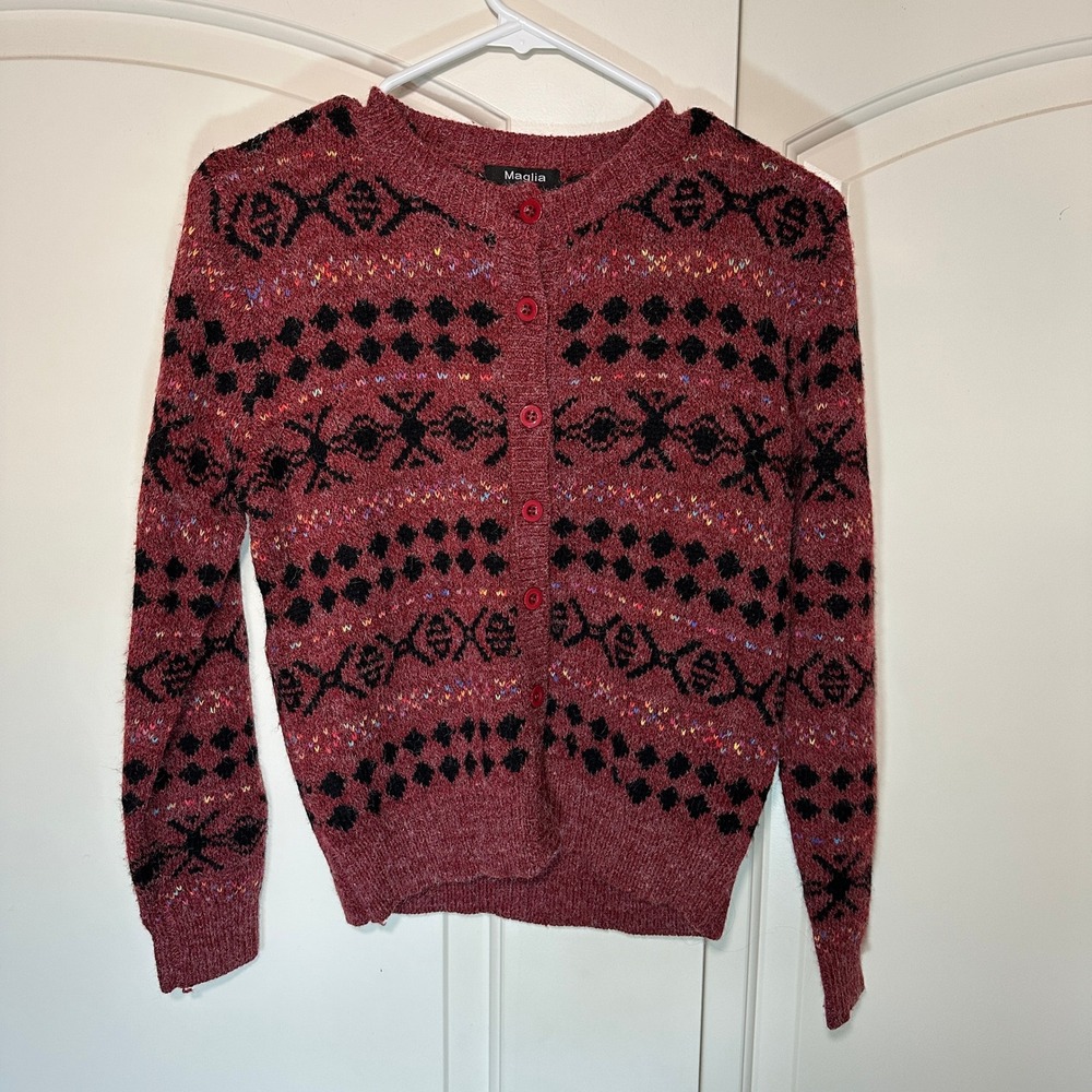 Maglia Cardigan Sweater Knit Patterned Soft Button Up Fair Isle Girls Large‎